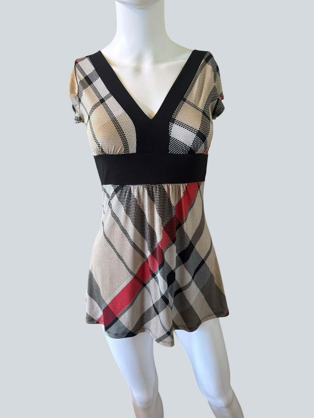 Y2K Body Central Women's Plaid Print V-Neck Short Sleeve Empire Waist Top